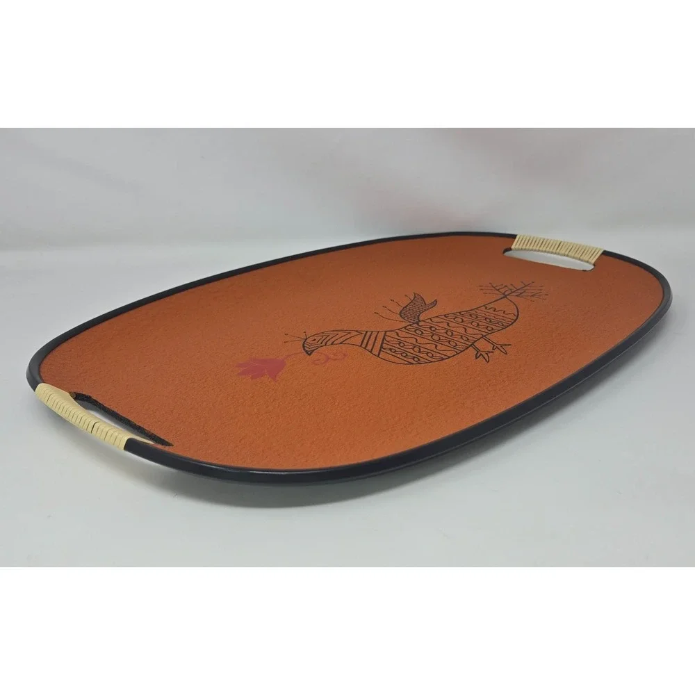 Tilso Serving Tray Fiberboard Orange Black Bird Rattan Wrapped Handles 18.5